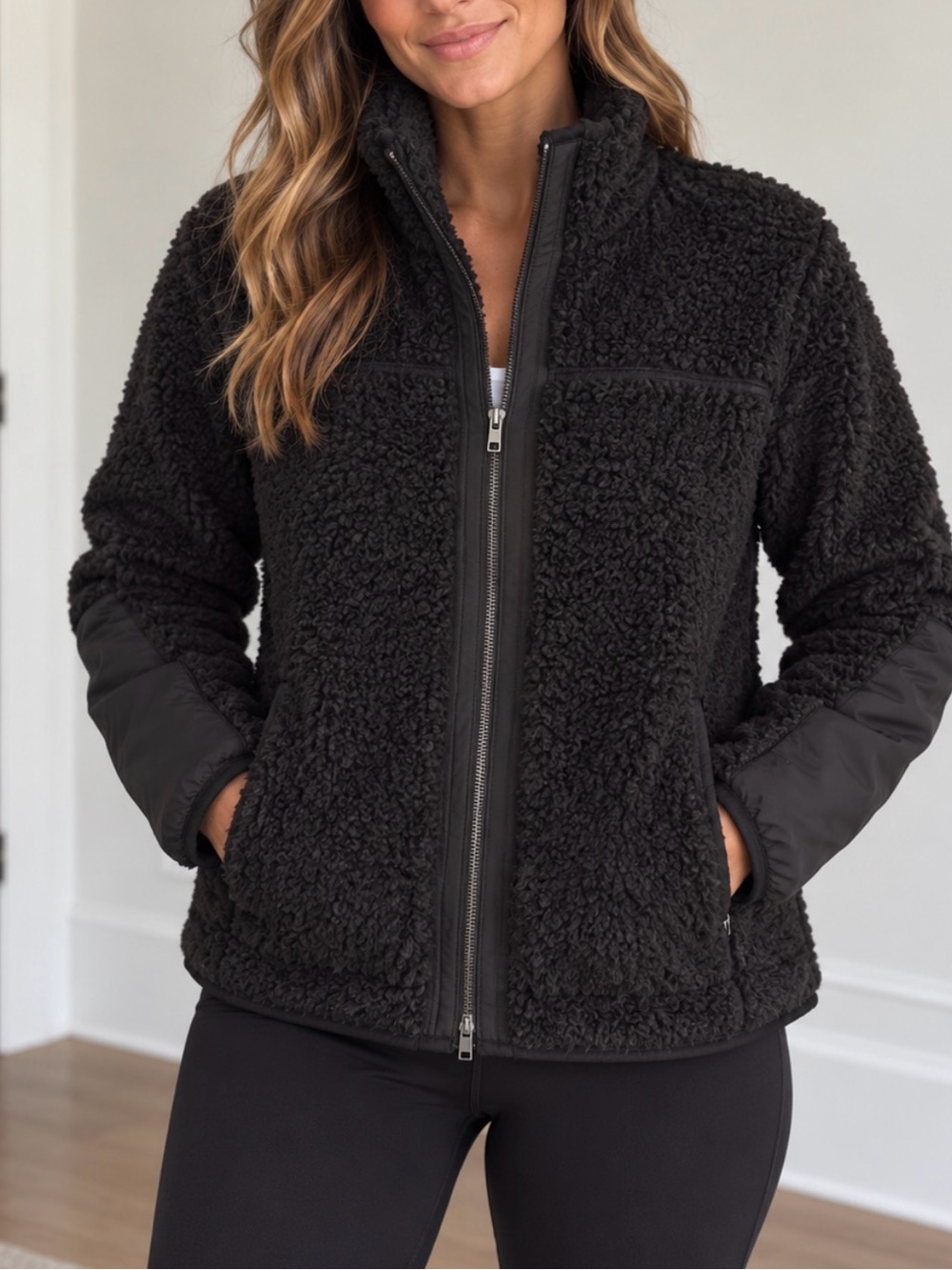 Abercrombie & Fitch Black Teddy Sherpa Zip Jacket with Quilted Sleeves